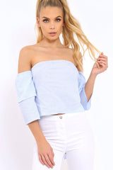 Blue Stripe Frill Off Shoulder Tie Crop Top - Halle