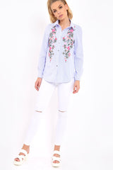 Blue Striped Floral Embroidered Shirt - Gianna