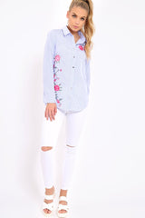Blue Striped Floral Embroidered Shirt - Fifi