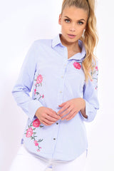 Blue Striped Floral Embroidered Shirt - Fifi