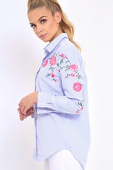 Blue Striped Floral Embroidered Shirt - Fifi