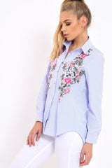 Blue Striped Floral Embroidered Shirt - Gianna