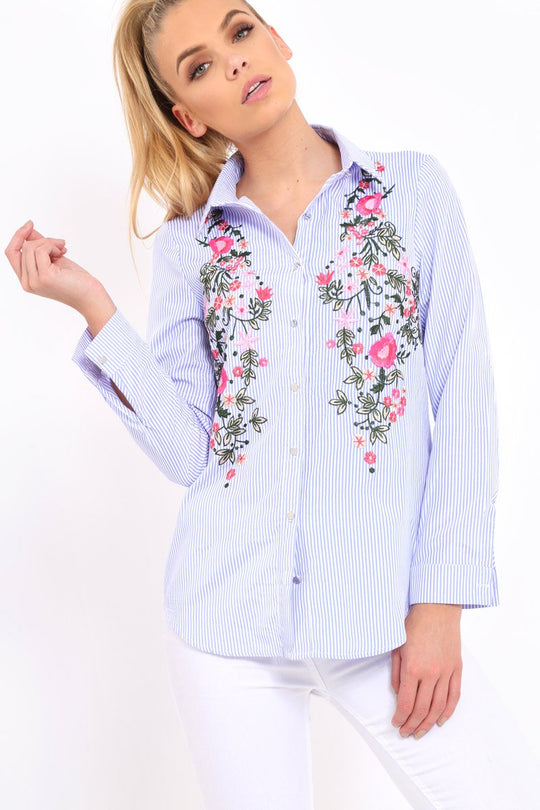 Blue Striped Floral Embroidered Shirt - Gianna