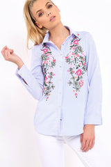 Blue Striped Floral Embroidered Shirt - Gianna