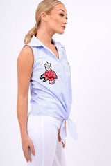 Blue Stripe Tie Front Sleeveless Shirt - Joely