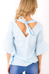 Blue Striped Flare Bell Sleeve Blouse - Yolanda