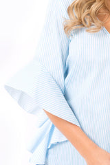Blue Striped Flare Bell Sleeve Blouse - Yolanda