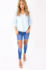 Blue Striped Flare Bell Sleeve Blouse - Yolanda