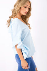 Blue Striped Flare Bell Sleeve Blouse - Yolanda