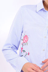Blue Striped Floral Embroidered Shirt - Fifi