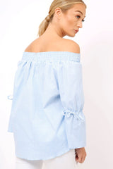 Blue Checked Bardot Bell Sleeve Top - Trixie