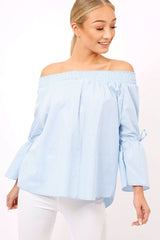 Blue Checked Bardot Bell Sleeve Top - Trixie