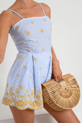 Blue And White Striped Tie Back Embroidery Playsuit - Renita
