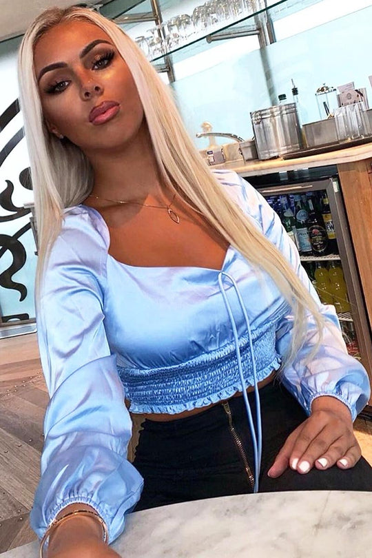 Blue Shirred Long Sleeve Strap Back Detail Crop Top -Traniyah