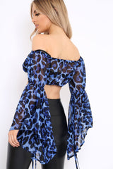 Blue Leopard Print Flared Sleeves Sheer Crop Top - Jordan