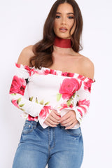 White Floral Bardot Frill Top - Bobbie