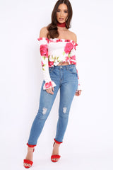 White Floral Bardot Frill Top - Bobbie