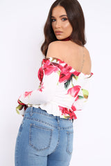 White Floral Bardot Frill Top - Bobbie