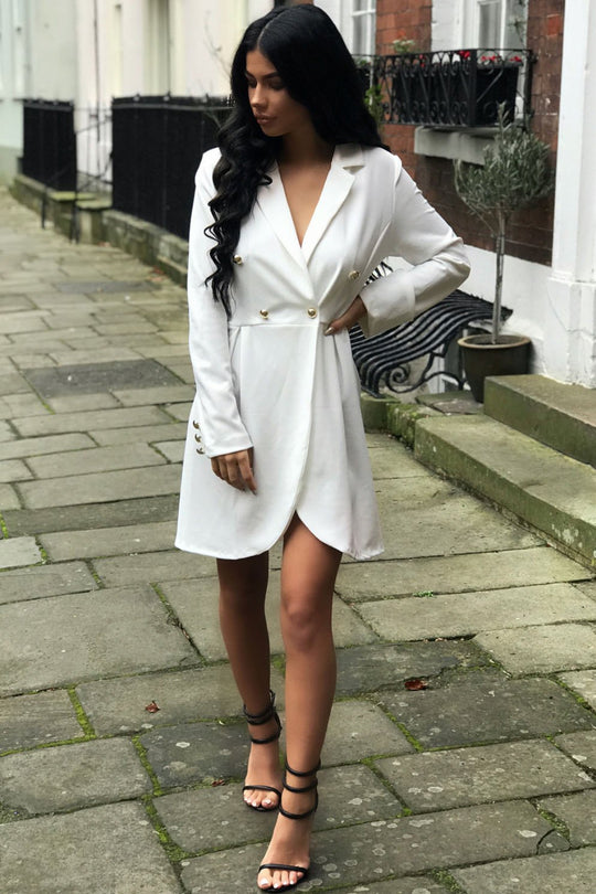 White Button Detail Blazer Dress - Kayleigh