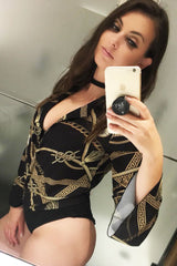 Black Rope Print Plunge Bodysuit - Jani
