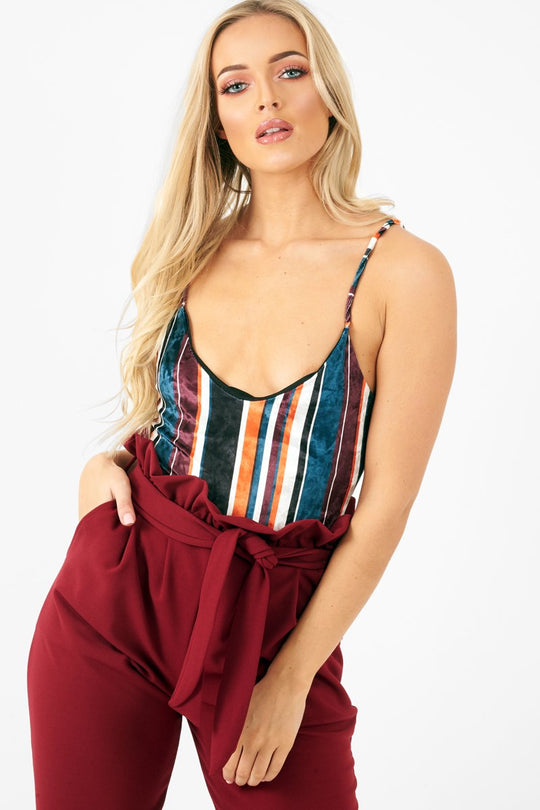 Orange Teal Crushed Velvet Bodysuit - Jozlyn