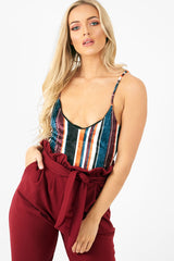 Orange Teal Crushed Velvet Bodysuit - Jozlyn