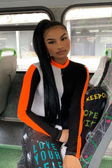 White Black and Neon Orange Contrast Long Sleeved Bodysuit - Lareen