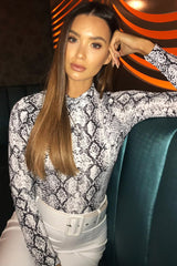 White Snake Print High Neck Long Sleeve Bodysuit - Evanna