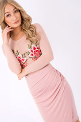 Nude Mesh Long Sleeved Embroidered Bodysuit - Bonnie