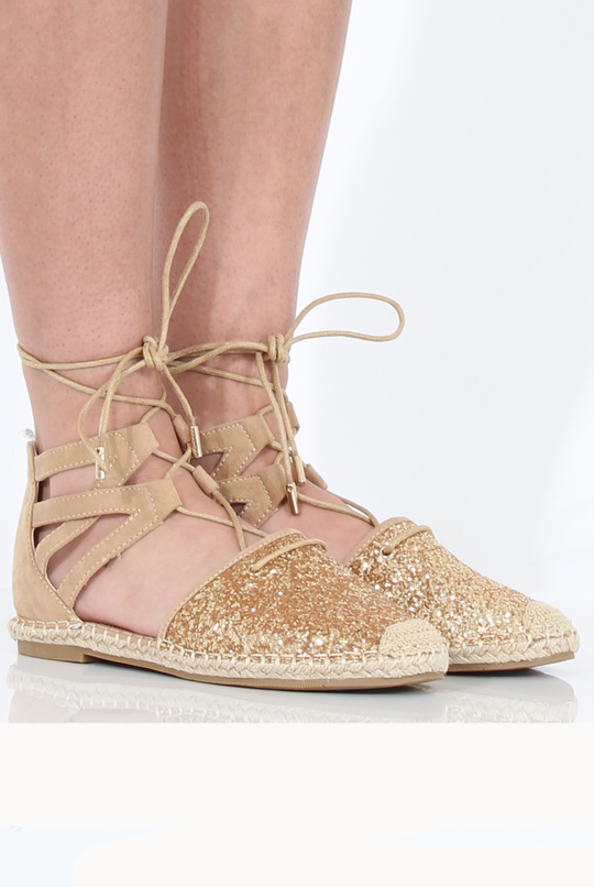 Gold Glitter Lace Up Espadrilles - Bonnie