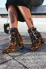 Leopard Triple Buckle Detail Ankle Boots - Ekaterina