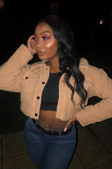 Tan Cropped Borg Trucker Jacket - Aarohi