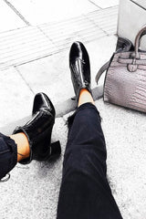 Black Patent Zip Front Ring Pull Block Heel Boots - Mischa