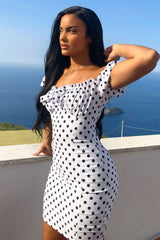 White Black Polka Bardot Milkmaid Dress - Roya