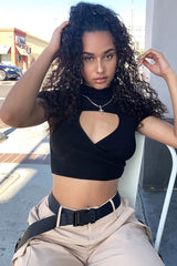 Black Ribbed Keyhole Cut Out High Neck Crop Top - Roniya