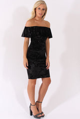 Black Velvet Sparkle Bardot Frill Dress - Bree