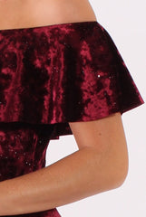 Red Velvet Sparkle Bardot Frill Dress - Bree