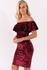 Red Velvet Sparkle Bardot Frill Dress - Bree
