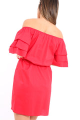 Red Bardot Dress with Ruffled Sleeves - Breena