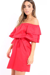Red Bardot Dress with Ruffled Sleeves - Breena