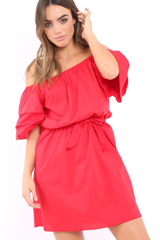 Red Bardot Dress with Ruffled Sleeves - Breena