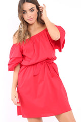 Red Bardot Dress with Ruffled Sleeves - Breena