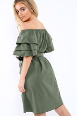 Khaki Bardot Dress with Ruffled Sleeves - Breena