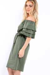 Khaki Bardot Dress with Ruffled Sleeves - Breena
