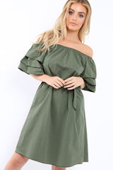 Khaki Bardot Dress with Ruffled Sleeves - Breena