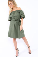 Khaki Bardot Dress with Ruffled Sleeves - Breena