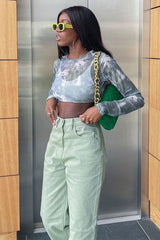 Sage Tie Dye Mesh Long Sleeve Crop Top - Niyana