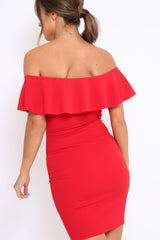 Red Frill Bardot Midi Dress - Bridget