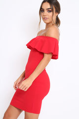 Red Frill Bardot Midi Dress - Bridget