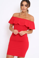 Red Frill Bardot Midi Dress - Bridget